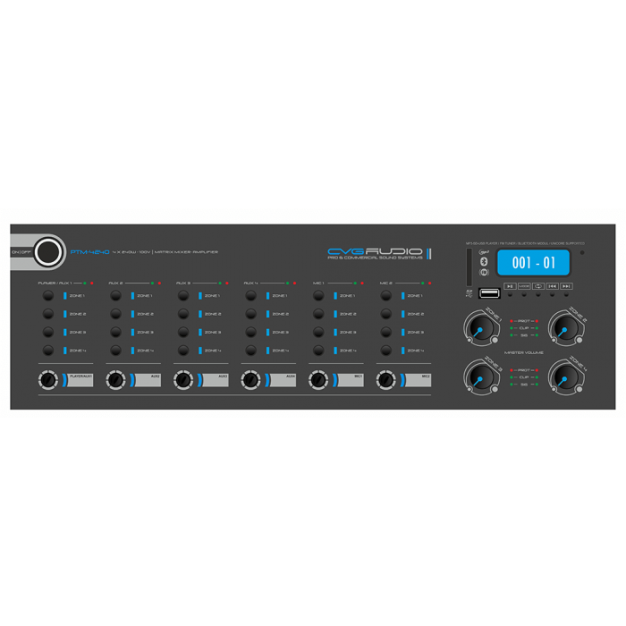 PTM-4240DM |  4-x зонный матричный микшер-усилитель для многозонных систем коммерческого звука, 240W, Mp3 (USB/SD), FM, Bluetooth